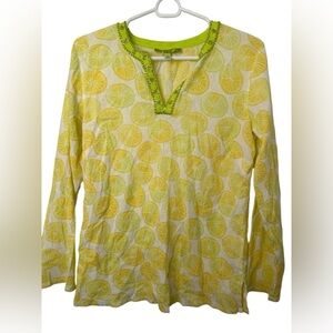 SIGRID OLSEN Top S Lemon Print Crinkle Gauze V-Neck Beaded Sequin Cotton Yellow